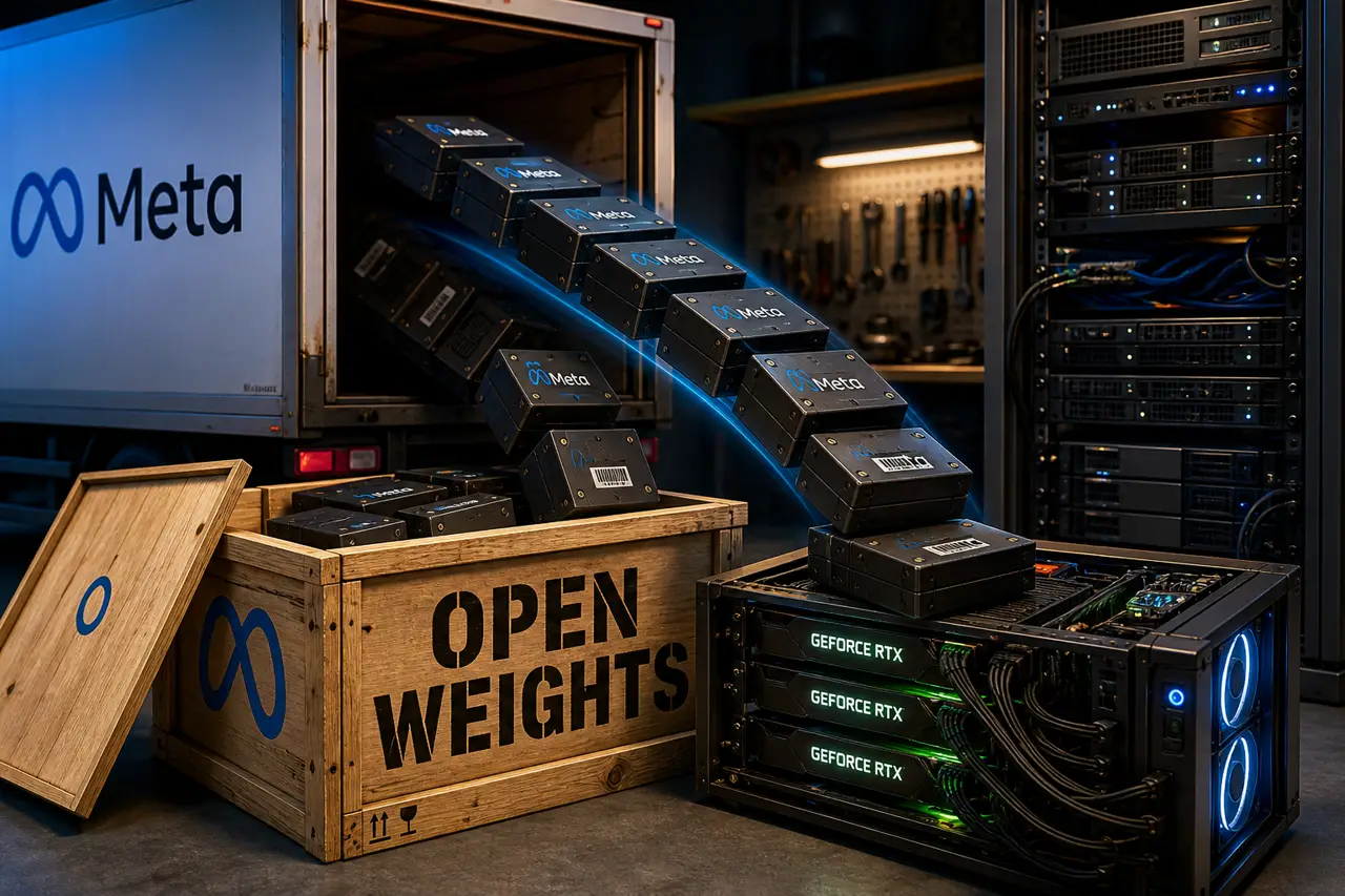 A crate of open model weights sitting on GPU hardware in a server rack.